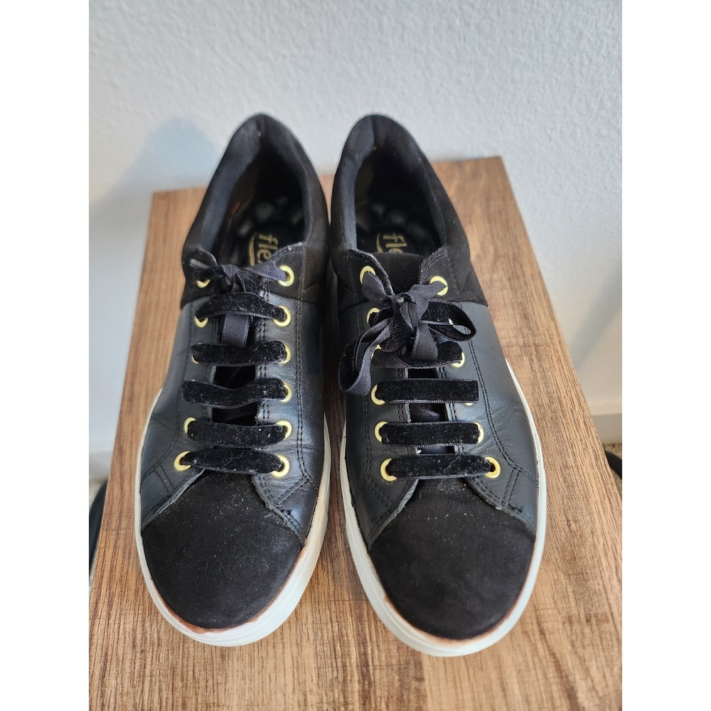 Flexi Womens Casual Sneakers Leather Suede Black Gold Lace Up Comfort Shoes